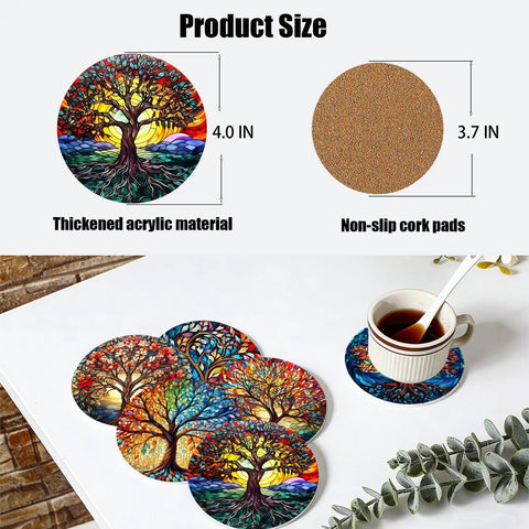 Diamond Art Coasters 8 Pack With Holder For Adults DIY Diamond Painting Coaster Kit 4X4 Inches Trees Design on table with tea cup