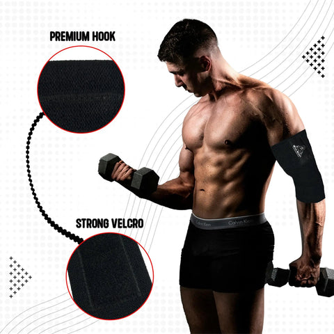 Man using 41 Inch Elbow Wraps For Weightlifting For Lifters Pair With Stretchable Breathable Compression Strap For Bench Press And Powerlifting