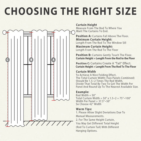 Diagram showing instructions for selecting curtain height and width for Linen Blackout Curtains 84 Inch Long 100 Percent Light Blocking Thermal Insulated Drapes With Rod Pocket And Back Tab For Living Room And Bedroom White 2 Panels 52 Inch Wide.