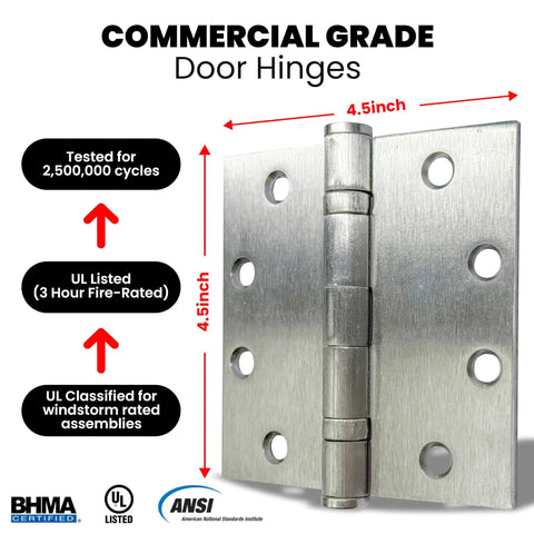 Heavy Duty 4.5 By 4.5 Inch Door Hinges 3 Pack Ball Bearing With Square Corners Brushed Nickel For Commercial And Residential Doors Built To Last Tough As Nails Steel Construction., brushed nickel steel door hinge close-up