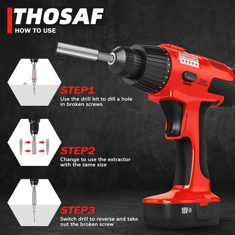 Electric drill showcasing usage instructions for Damaged Screw Extractor Kit For Stripped Screws Includes Magnetic Extension Bit Holder And Socket Adapter Handy And Quick Removal Of Damaged Screws For Home Garage And DIY Projects.