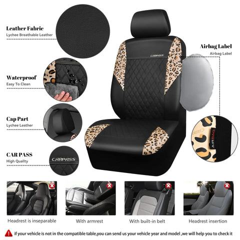Dope Leopard Print Faux Leather Car Seat Cover with airbag compatibility and lychee breathable leather for SUVs, vans, sedans, and trucks