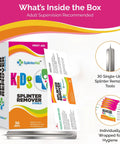 Kid Friendly Splinter Removal Kit 30 Pack showing box, single-use splinter removal tools, and sterile individually wrapped packs.
