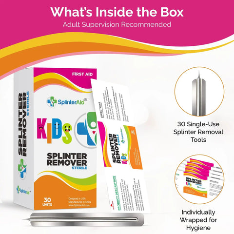 Kid Friendly Splinter Removal Kit 30 Pack showing box, single-use splinter removal tools, and sterile individually wrapped packs.