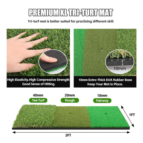 Premium XL tri-turf mat detail from 10x7 Ft Golf Net With Tri Turf Mat And Real Balls Set, showing texture and dimensions