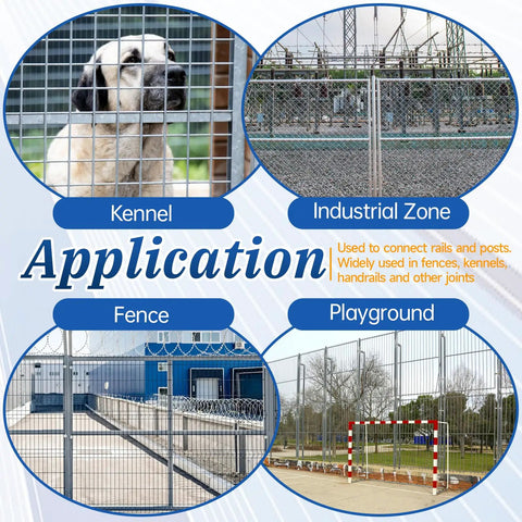 Applications of 12 Pack End Rail T Clamp For One And Three Eighths Inch Chain Link Fence OD Pipe Galvanized T Connectors in different settings.