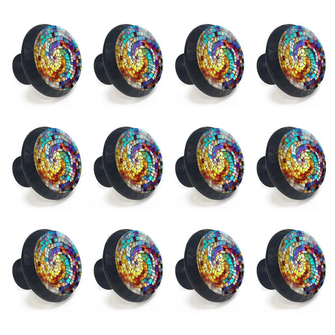 Hella Bright 12 Pack Stained Glass Rainbow Spiral Cabinet Knobs, 1.37 inch glossy mosaic pulls for drawers.