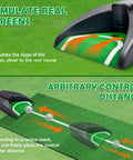 Close-up of Auto Returning Golf Putting Training Aid for Indoor and Outdoor Practice showing green slope simulation and control distance.