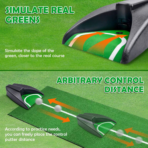 Close-up of Auto Returning Golf Putting Training Aid for Indoor and Outdoor Practice showing green slope simulation and control distance.