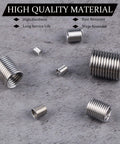 Heavy Duty Pro Grade Wire Thread Repair Inserts Kit 304 Stainless Steel Assortment M3 Through M12 Helicoil Style Thread Repair Set 140Pcs Deep Threads Corrosion Resistant Ideal For Metal Fasteners And Restoring Damaged Threads showcased on granite surface highlighting rust resistance and durability.