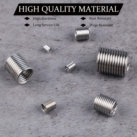 Heavy Duty Pro Grade Wire Thread Repair Inserts Kit 304 Stainless Steel Assortment M3 Through M12 Helicoil Style Thread Repair Set 140Pcs Deep Threads Corrosion Resistant Ideal For Metal Fasteners And Restoring Damaged Threads showcased on granite surface highlighting rust resistance and durability.