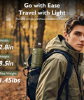 Rechargeable 12000mAh Collapsible Camping Lantern With Beastly Battery Life attached to a hiker's backpack in a forest setting.