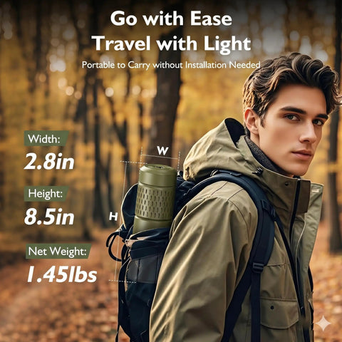 Rechargeable 12000mAh Collapsible Camping Lantern With Beastly Battery Life attached to a hiker's backpack in a forest setting.