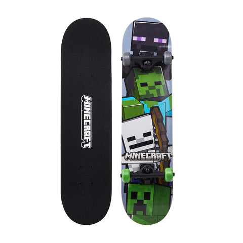 Minecraft Mob 31 Inch Skateboard With 9-Ply Maple Deck For Cruising, Carving, Tricks And Downhill, front and back view.
