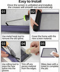Installation steps for Six Piece Window And Door Screen Replacement Repair Kit With Charcoal Fiberglass Mesh Vinyl Spline Tools.