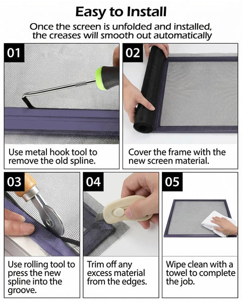 Installation steps for Six Piece Window And Door Screen Replacement Repair Kit With Charcoal Fiberglass Mesh Vinyl Spline Tools.