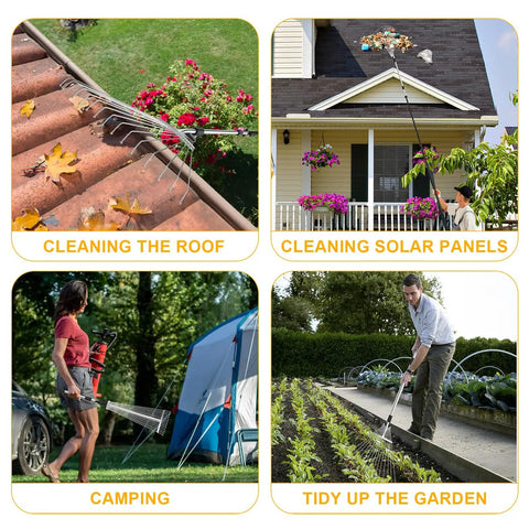 Telescoping Roof And Yard Rake For Leaves And Debris Cleanup Dual Use From Roof To Lawn Extends From 6.62 To 31 Feet in use