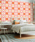 Badass Geometric Retro Floral Peel And Stick Wallpaper Roll Residue Free Self Adhesive Wall Covering in a stylish bedroom.