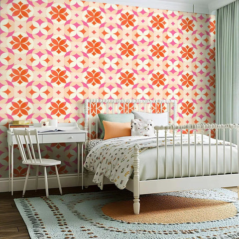 Badass Geometric Retro Floral Peel And Stick Wallpaper Roll Residue Free Self Adhesive Wall Covering in a stylish bedroom.