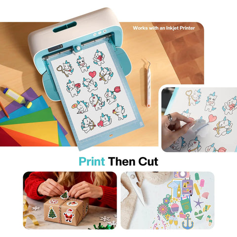 Portable Vinyl Cutter Kit With Carrying Case Bundle for DIY sticker making and home decor, includes images of unicorn stickers.