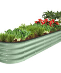 Oval Outdoor Metal Raised Garden Bed With 12 Inch Deep Planter For Veggies Herbs Flowers And Succulents, 8x2x1 Ft, 108 Gallon Capacity, Sage Green, Open Drainage Base showing green metal structure with growing vegetables and flowers