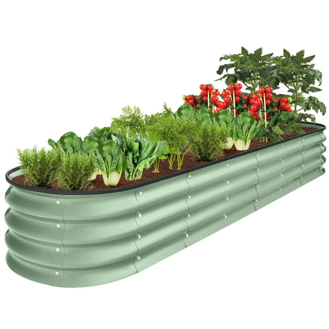 Oval Outdoor Metal Raised Garden Bed With 12 Inch Deep Planter For Veggies Herbs Flowers And Succulents, 8x2x1 Ft, 108 Gallon Capacity, Sage Green, Open Drainage Base showing green metal structure with growing vegetables and flowers