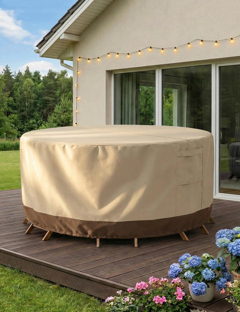 Heavy Duty 600D Oxford Waterproof Outdoor Patio Furniture Cover With Padded Handles For Tables And Chairs on round patio set