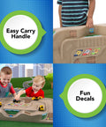 On The Go Kid Friendly Race Track Table with 2-sided play surface showing easy carry handle, fun decals, and kids playing with cars