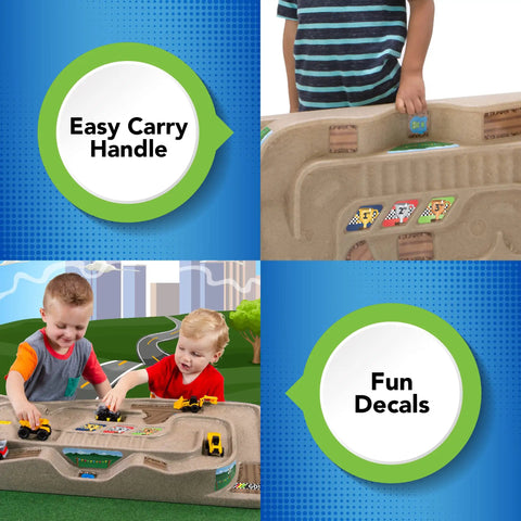 On The Go Kid Friendly Race Track Table with 2-sided play surface showing easy carry handle, fun decals, and kids playing with cars