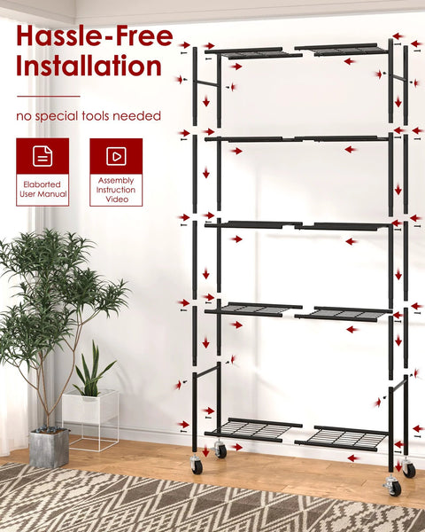 5-Tier Wire Shelving Unit With 360-Degree Wheels And Adjustable Leveling Feet, shown in living room setting.