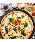 16 Inch Perforated Pizza Pan With Holes For Oven, Heavy Duty Aluminum Round Crisper Baking Tray with pizza and toppings