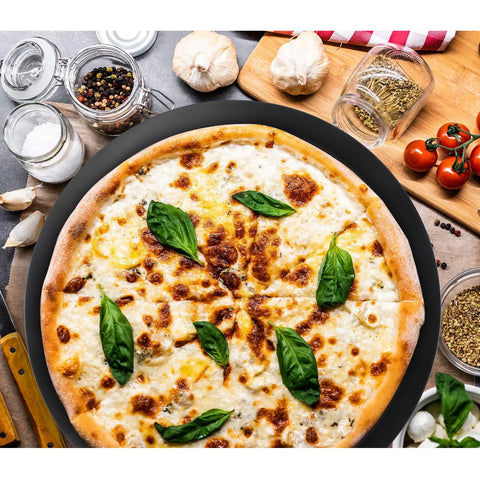 16 Inch Perforated Pizza Pan With Holes For Oven, Heavy Duty Aluminum Round Crisper Baking Tray with pizza and toppings