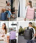Four people with various colored travel backpacks, including black Sturdy Unisex Travel Backpack For Laptop, Carry-On Size With 40L Expandable To 48L.