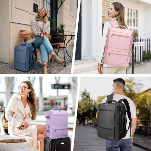 Four people with various colored travel backpacks, including black Sturdy Unisex Travel Backpack For Laptop, Carry-On Size With 40L Expandable To 48L.