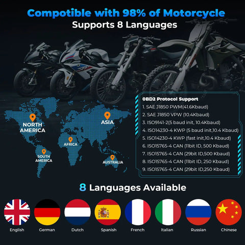 Upgraded 2025 Motorcycle Diagnostic Tool With OBD2 And Fault Code Reader, global compatibility and language support map