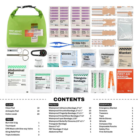 Waterproof Boat First Aid Kit In A Roll Top Dry Bag For Kayak Fishing And Outdoor Adventures Marine Survival Emergency Medical Supplies You Can Count On, shown with contents like bandages and scissors.