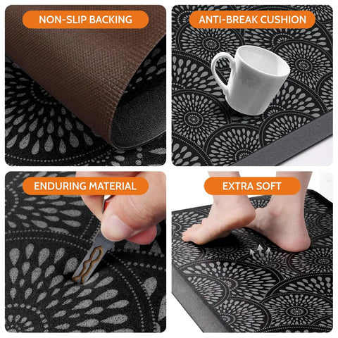 Four views of an Ergonomic 0.47-Inch Thick Kitchen Mat With Non Slip Waterproof Standing Pad showing anti-break cushion, design, and durability.