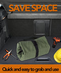 Sturdy Canvas 16oz Tool Roll Up Bag For Wrenches And Tools in a car trunk with other tools and gear, rolled up and secured
