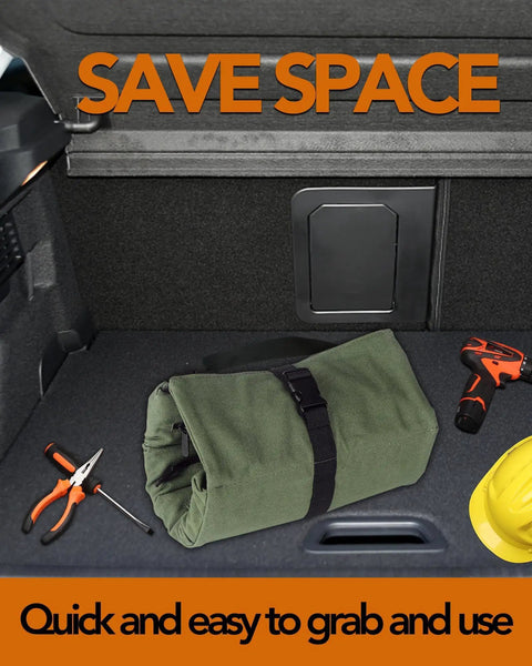 Sturdy Canvas 16oz Tool Roll Up Bag For Wrenches And Tools in a car trunk with other tools and gear, rolled up and secured