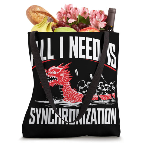 Black Paddler Tote Bag For Dragon Boat Racing with dragon design, filled with groceries, flowers, and wine; front view, 16x16 inches