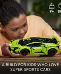 Child playing with Technic Lamborghini Huracan Tecnica Advanced Build Kit For Kids 9 And Up Realistic V10 Engine And Detailed Exterior