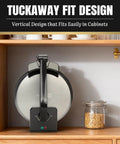 FineMade 10 Inch Electric Roti Maker Machine With Precision Temp Control Detachable Handle in vertical cabinet storage.