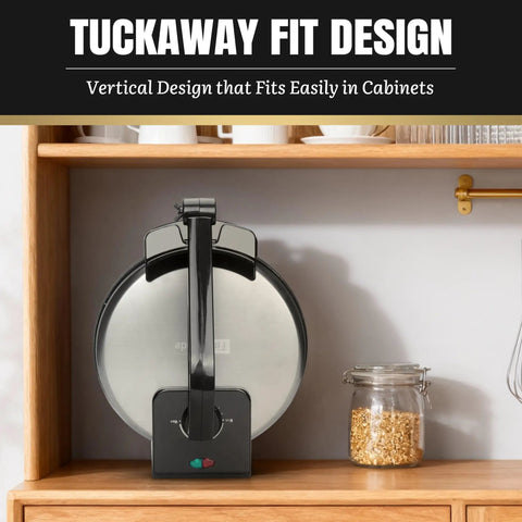 FineMade 10 Inch Electric Roti Maker Machine With Precision Temp Control Detachable Handle in vertical cabinet storage.