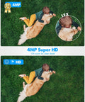 Child lying on grass with dog, demonstrating 4MP Super HD, 12x zoom, Outdoor Wired Security Cam With Starlight Color Night Vision 2K Clarity For Home Security AI Human Detection And Auto Tracking IP65 Weatherproof Two Way Audio US Cloud Alexa Compatible.
