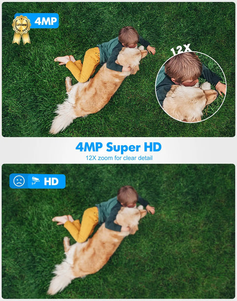 Child lying on grass with dog, demonstrating 4MP Super HD, 12x zoom, Outdoor Wired Security Cam With Starlight Color Night Vision 2K Clarity For Home Security AI Human Detection And Auto Tracking IP65 Weatherproof Two Way Audio US Cloud Alexa Compatible.