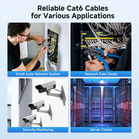 Reliable Cat6 cables for various applications in home and office settings, including network systems and server clusters.