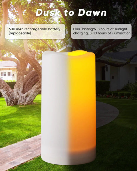 Lit Outdoor Solar Pillar Candles 3x6 Inches Waterproof Rechargeable Flameless Flickering Lights With Dusk To Dawn Sensor in garden