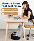 Woman using Memory Foam Under Desk Foot Rest For Home Office And Gaming, Ergonomic Foot Stool Elevates Feet, at desk