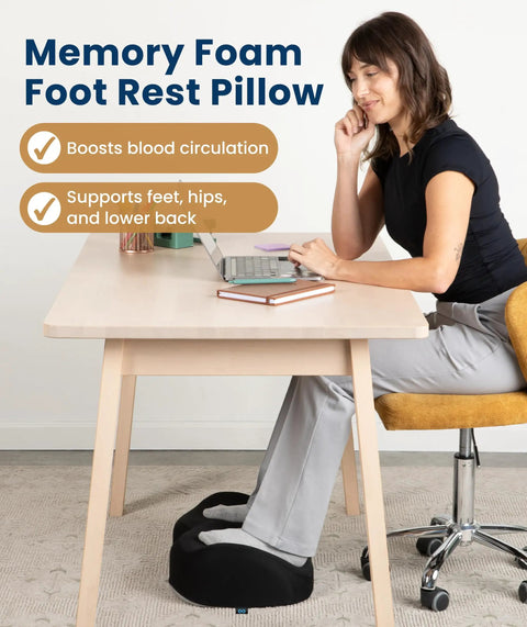 Woman using Memory Foam Under Desk Foot Rest For Home Office And Gaming, Ergonomic Foot Stool Elevates Feet, at desk
