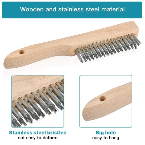 Close-up of wire brush from 4-Piece Welding Slag Removal Tool Set with wooden handle and stainless steel bristles.